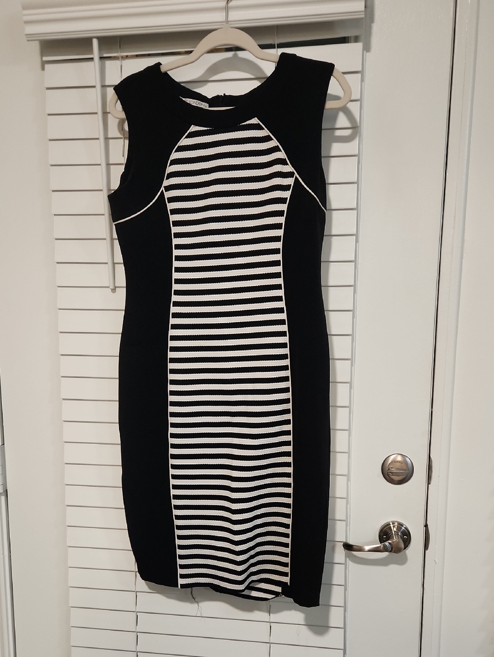 Maggy London Black and White Striped Midi Sheath Dress